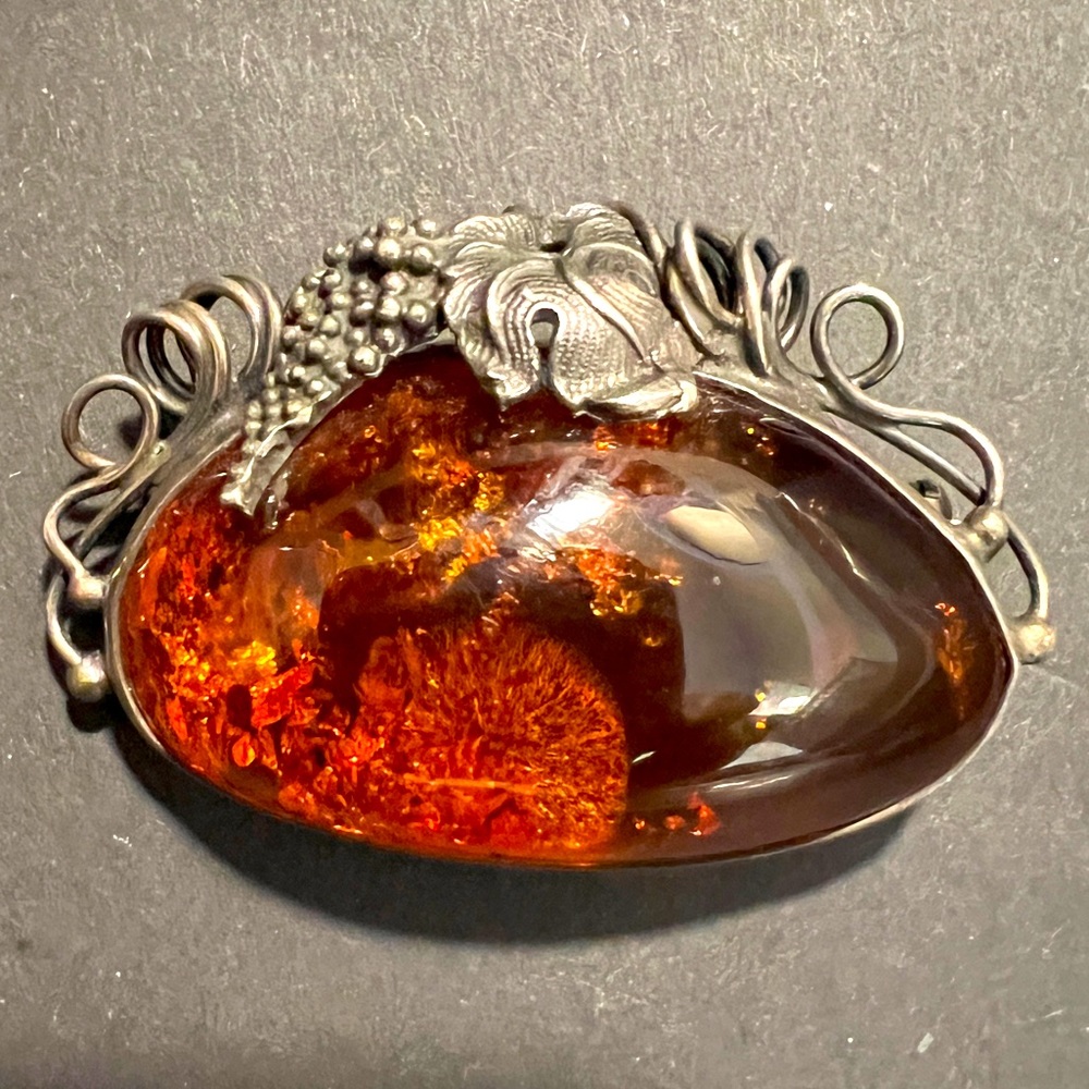 Vintage Graciana Real Amber Wine Vineyard Brooch 925 Sterling Silver Grapes Pin